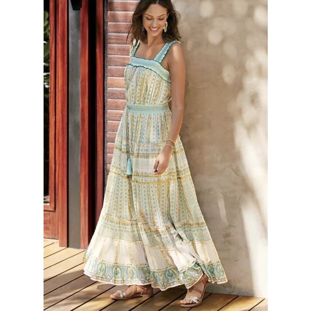 Soft Surroundings Boho Peasant Aegean Dress Tassel Flowy Metallic Tiered Size M